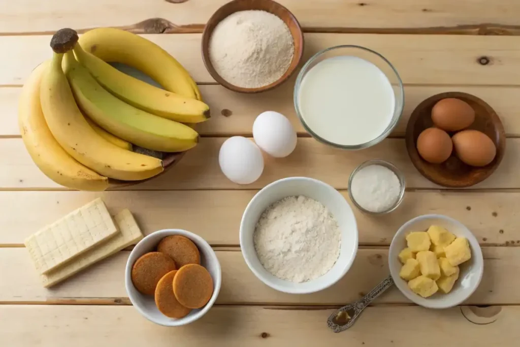 Ingredients for banana pudding including ripe bananas, vanilla wafers, milk, sugar, eggs, and vanilla extract