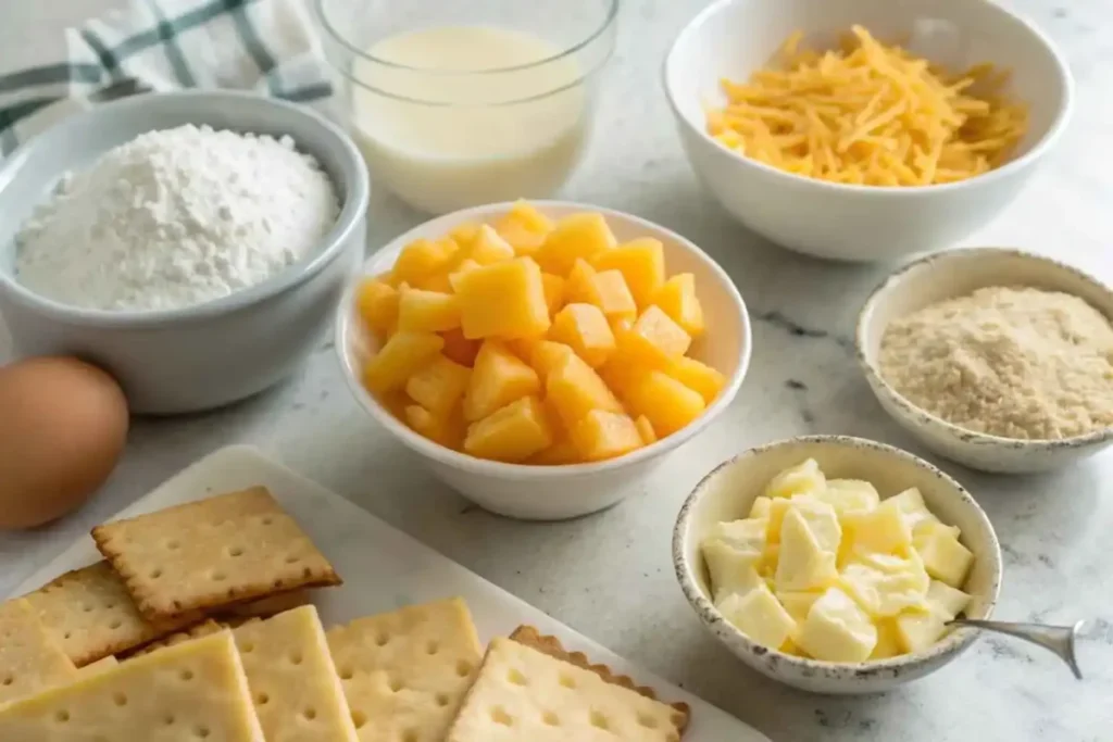 Ingredients for pineapple casserole including canned pineapple chunks, shredded cheddar cheese, flour, sugar, butter, crushed crackers, and an egg