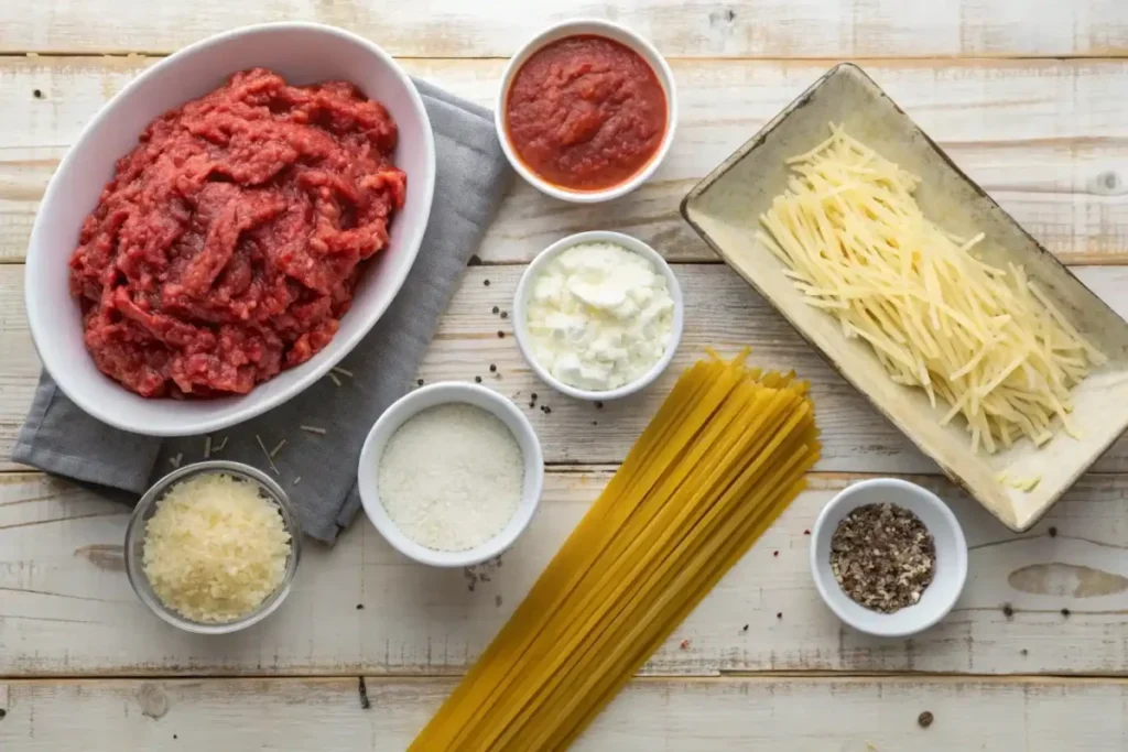 Ingredients for spaghetti casserole including spaghetti, ground beef, marinara sauce, ricotta, mozzarella, parmesan, and seasonings
