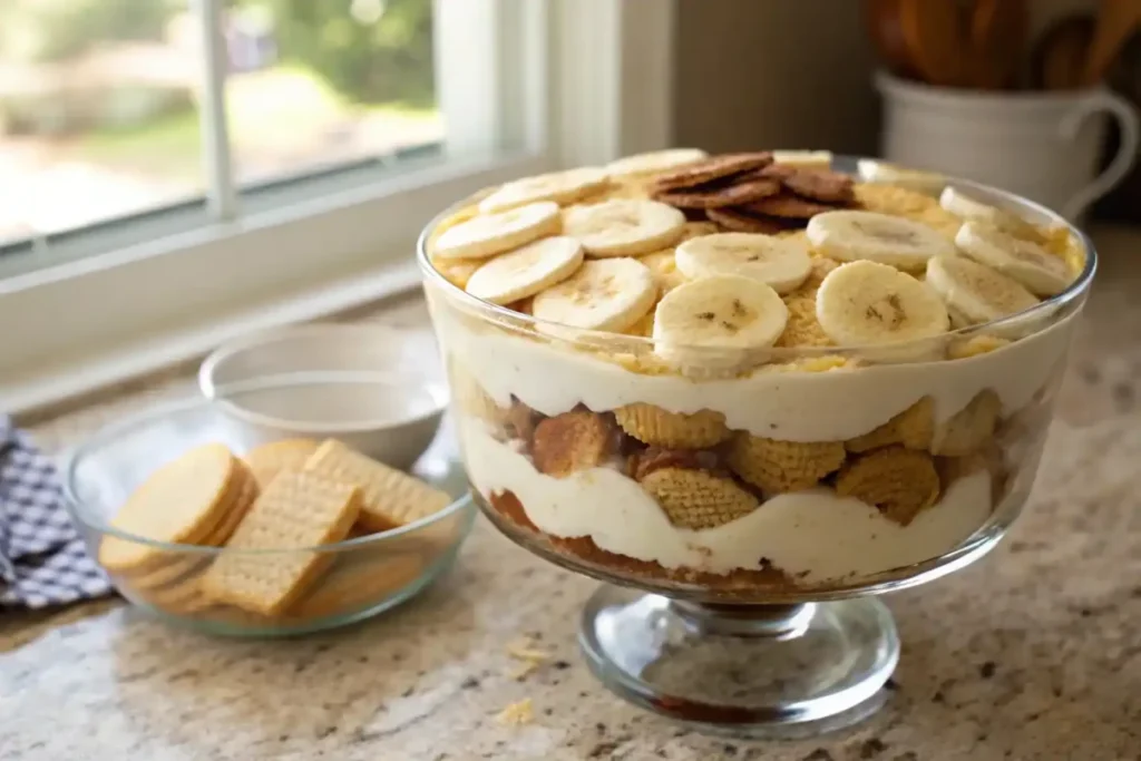 A glass trifle bowl being layered with vanilla wafers, banana slices, and pudding