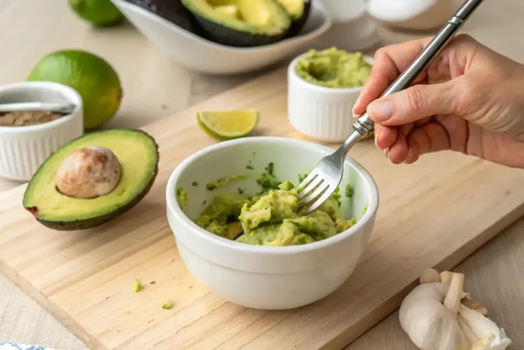 Hands mashing avocado in a bowl with a fork