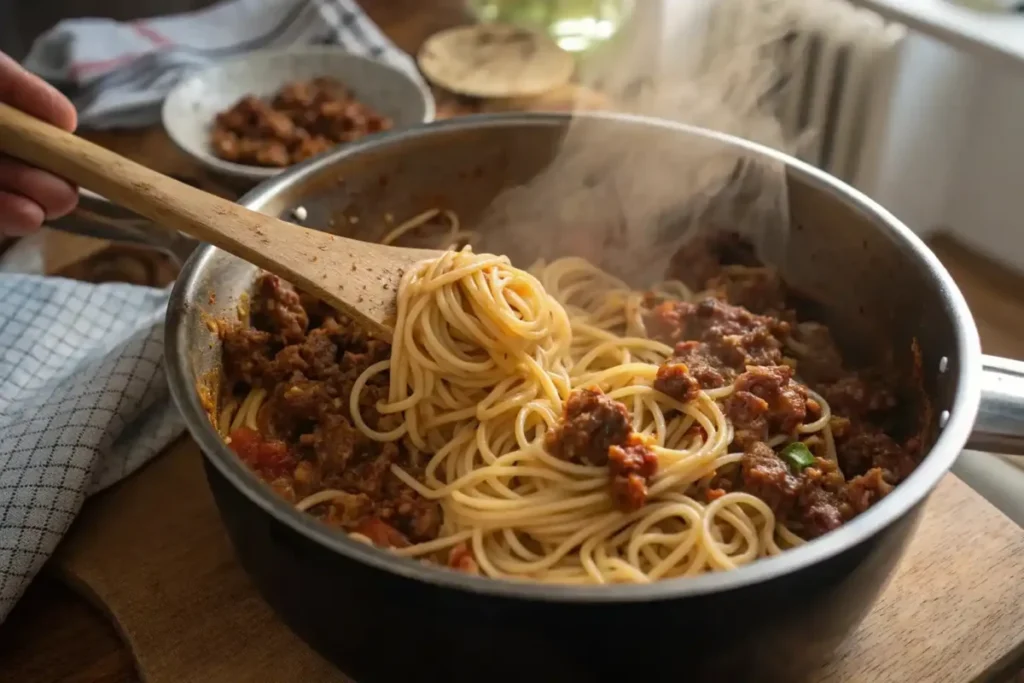 Cooked spaghetti being mixed with meat sauce in a large bowl with a wooden spoon