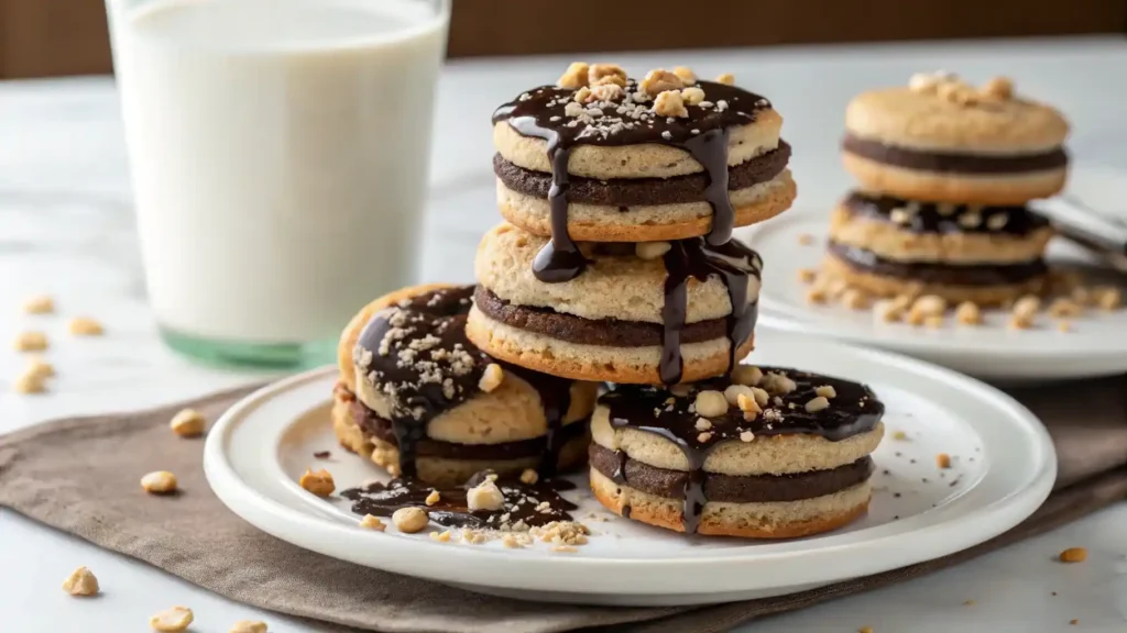 A stack of homemade Oreo ice cream sandwiches on a plate, garnished with chocolate drizzle and crushed nuts.