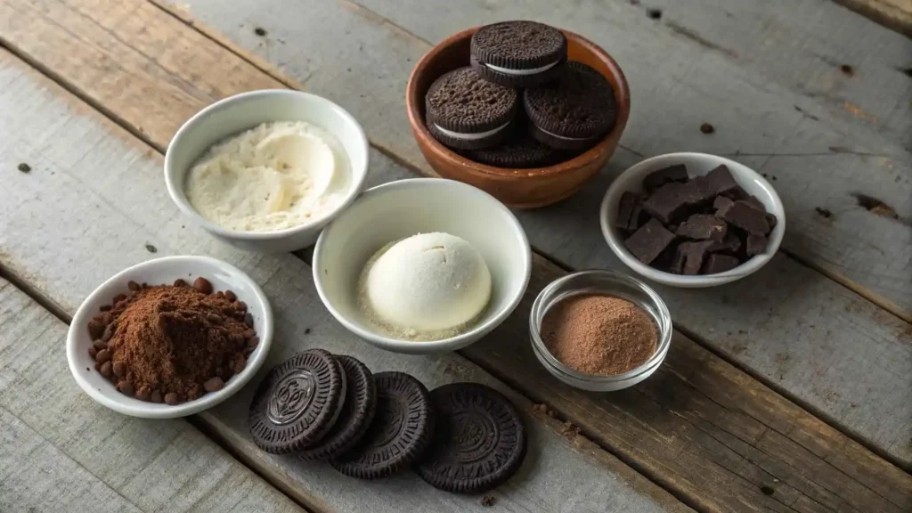 Key ingredients for an Oreo ice cream sandwich displayed on a rustic wooden table