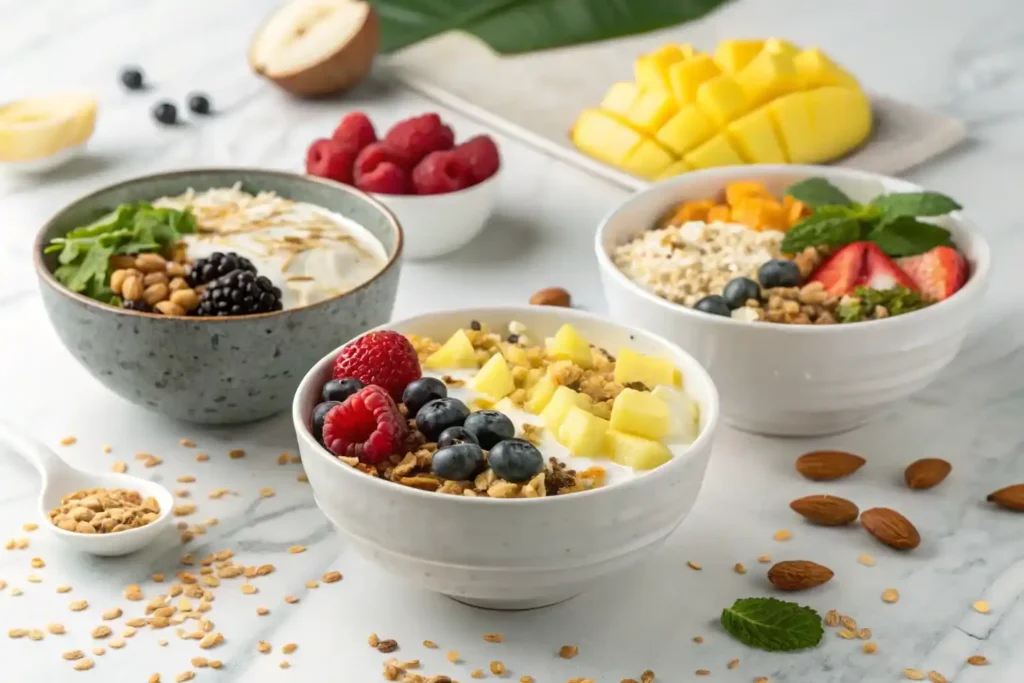  A variety of popular breakfast bowl recipes, including a berry bowl with yogurt and granola, a tropical bowl with coconut and mango, and a protein bowl with quinoa and avocado