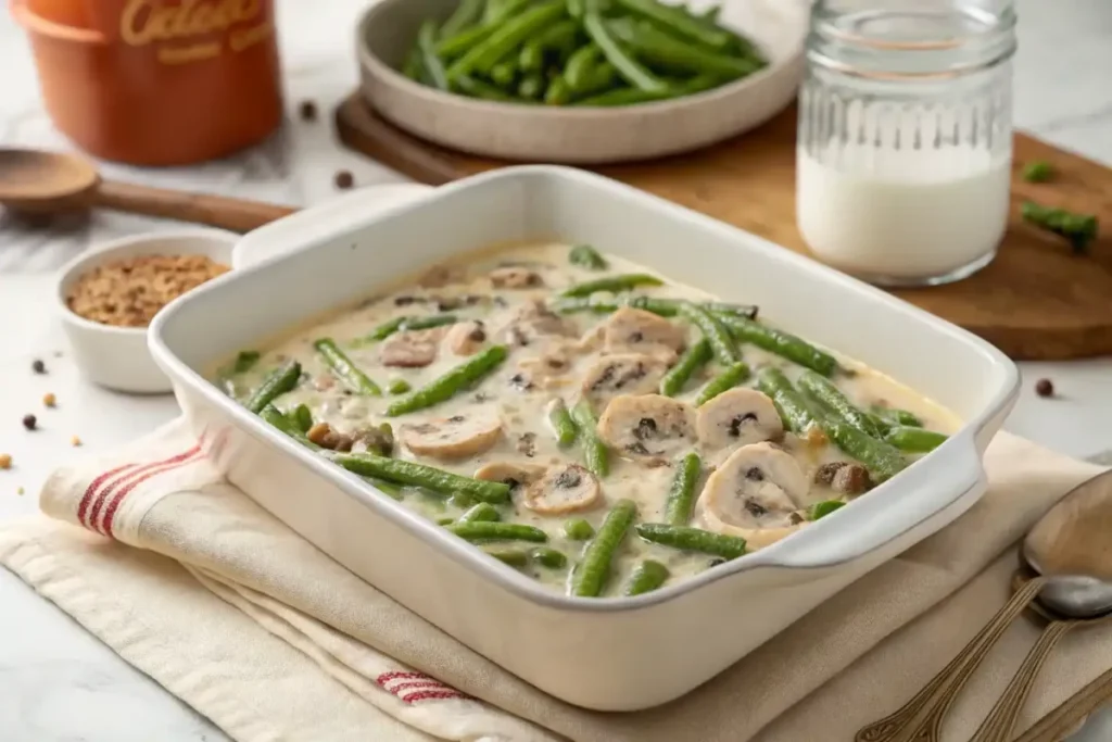 A casserole dish filled with a creamy mixture of green beans, Campbell’s Cream of Mushroom Soup, milk, and seasoning, ready for baking
