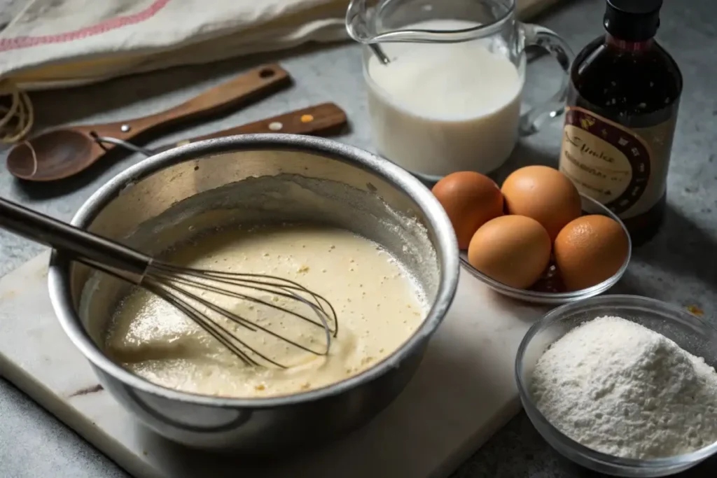 Whisking milk, sugar, and flour in a saucepan to prepare the pudding base for banana pudding