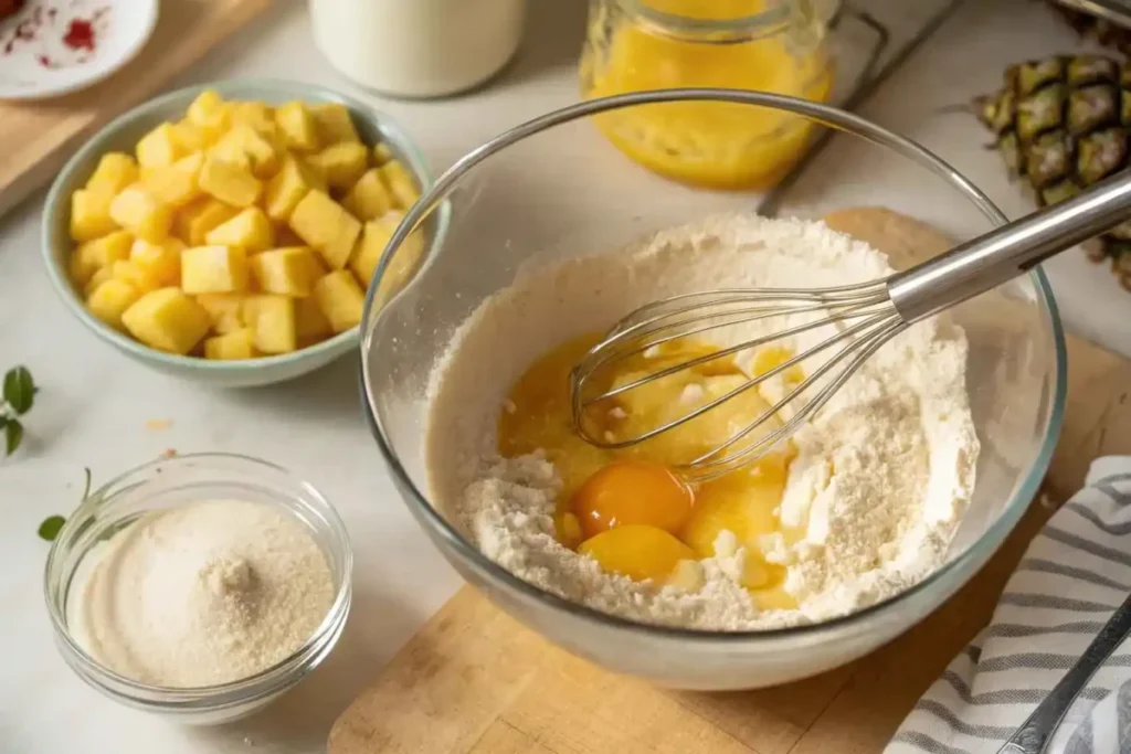 Mixing flour, sugar, melted butter, and egg in a bowl for pineapple casserole, with pineapple chunks nearby