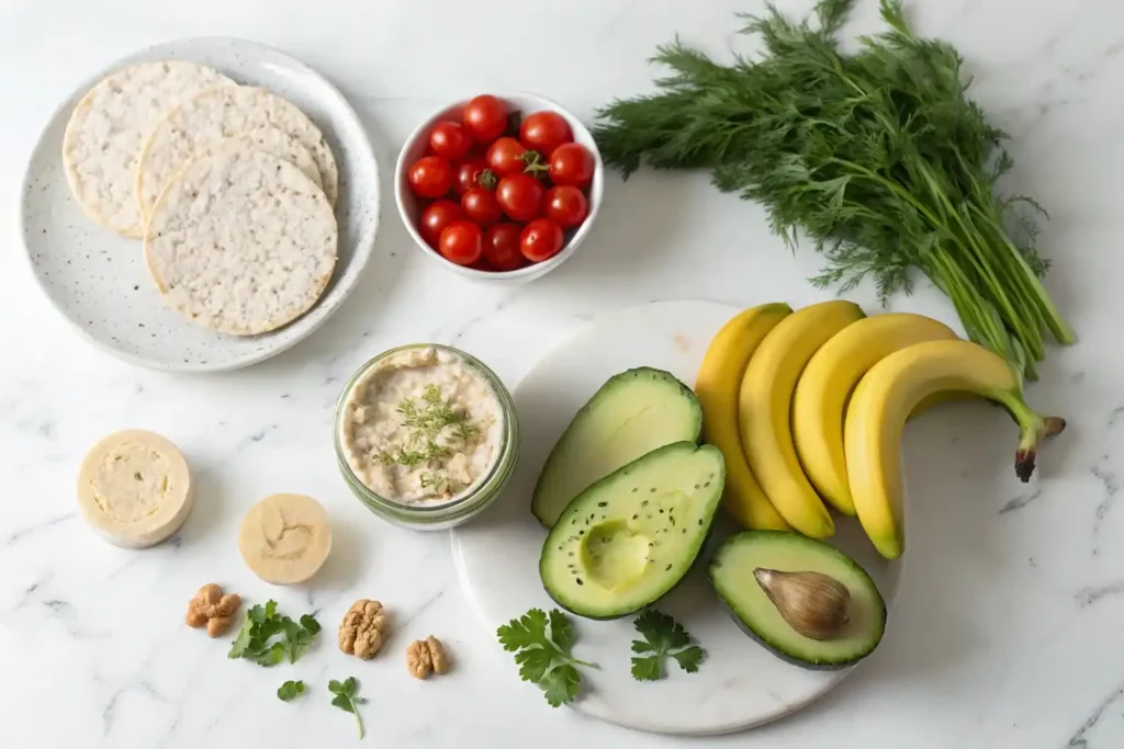 Ingredients for rice cakes, including avocado, banana, nut butter, cream cheese, and fresh produce