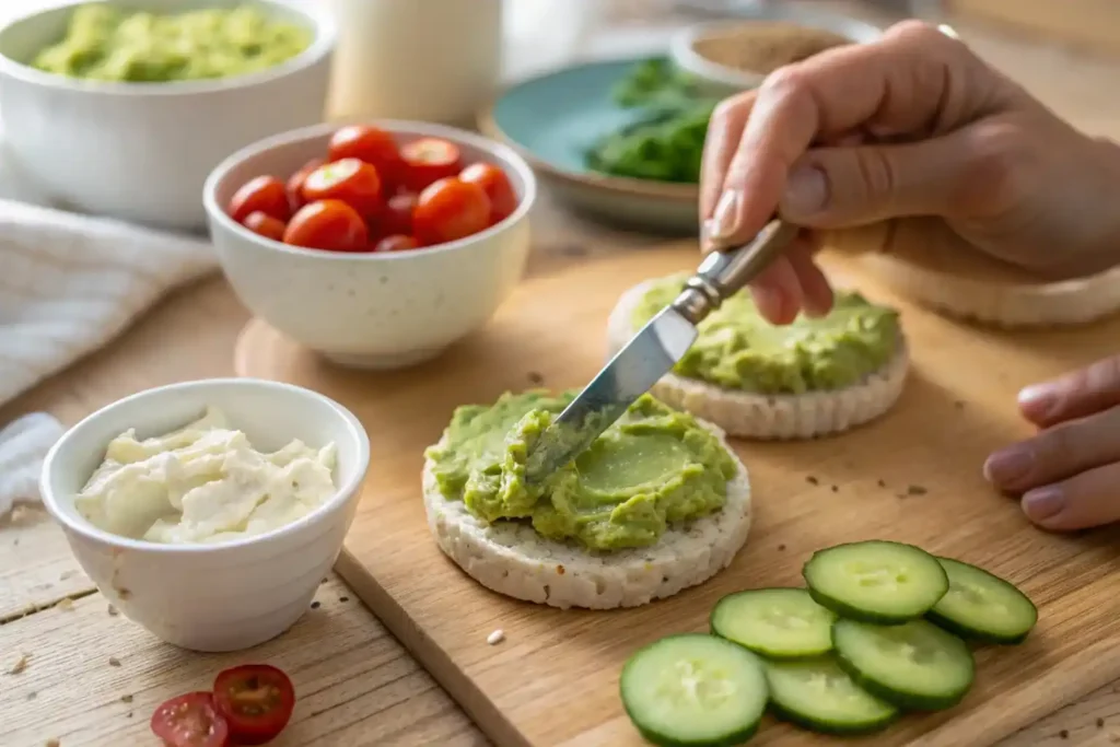 Spreading mashed avocado on a rice cake