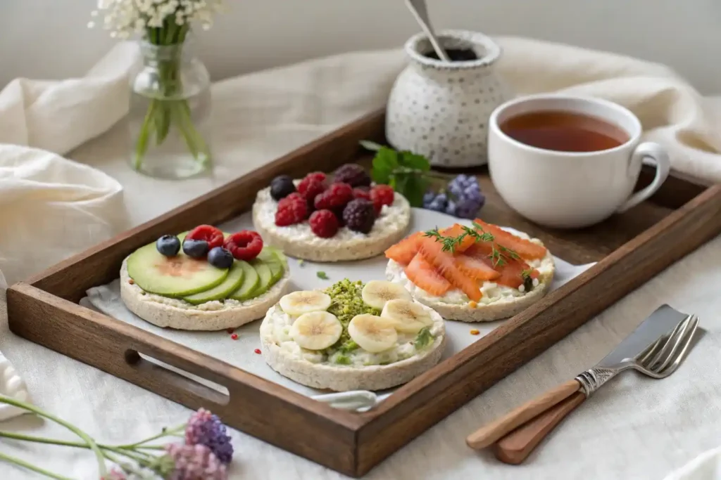  A serving tray with assorted rice cakes and a cup of tea