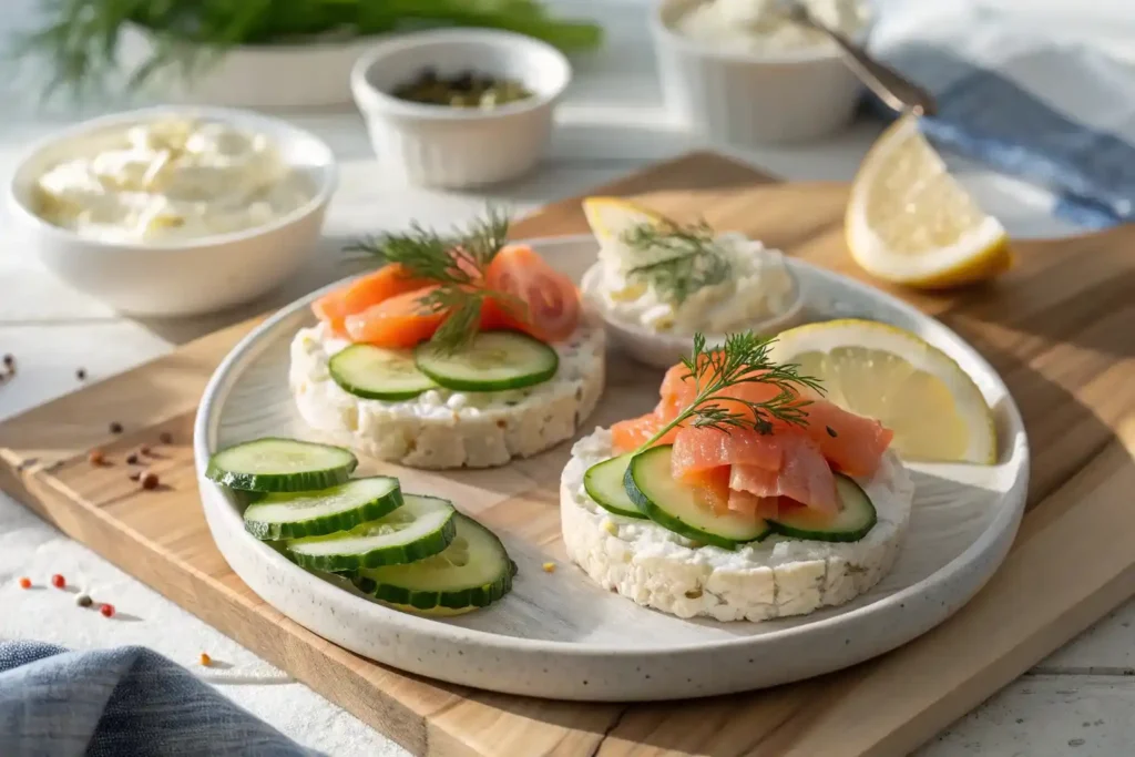 Topping rice cakes with cucumbers, smoked salmon, and dil
