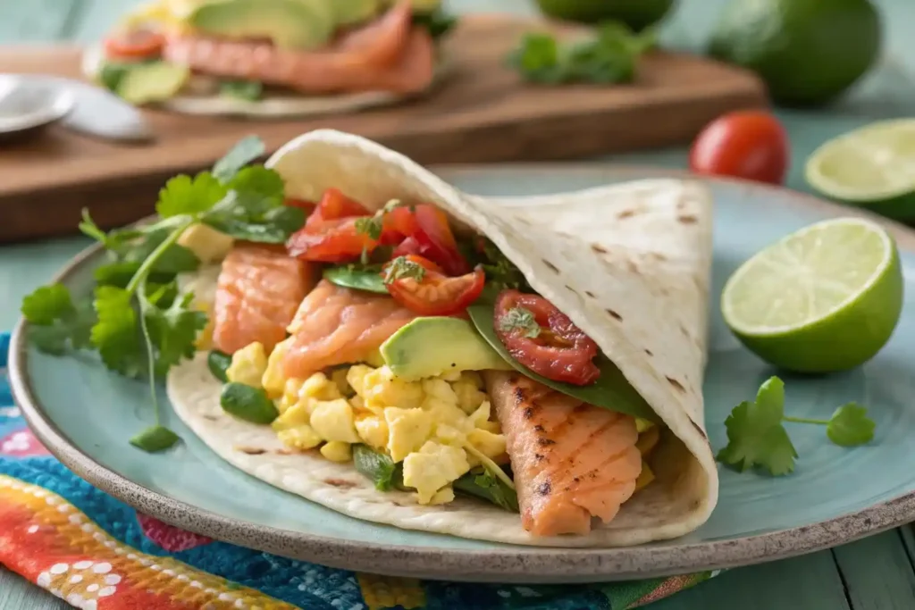 Salmon breakfast taco with scrambled eggs, avocado, spinach, cherry tomatoes, and fresh cilantro, served on a blue plate with lime wedges