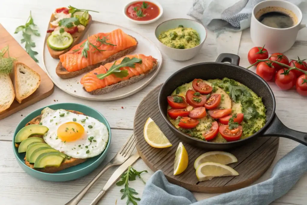 An assortment of salmon breakfast dishes with avocado toast, smoked salmon toasts, and a tomato omelette, served with lemon wedges and fresh herbs