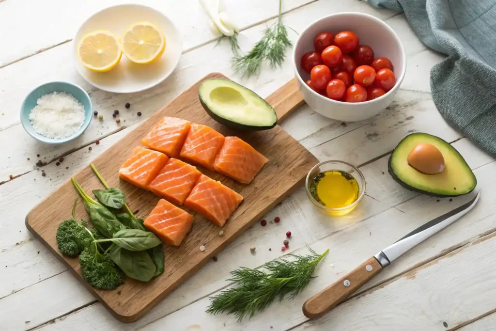 Preparation of salmon breakfast ingredients including diced salmon fillet, avocado, cherry tomatoes, spinach, olive oil, and lemon slices on a cutting board