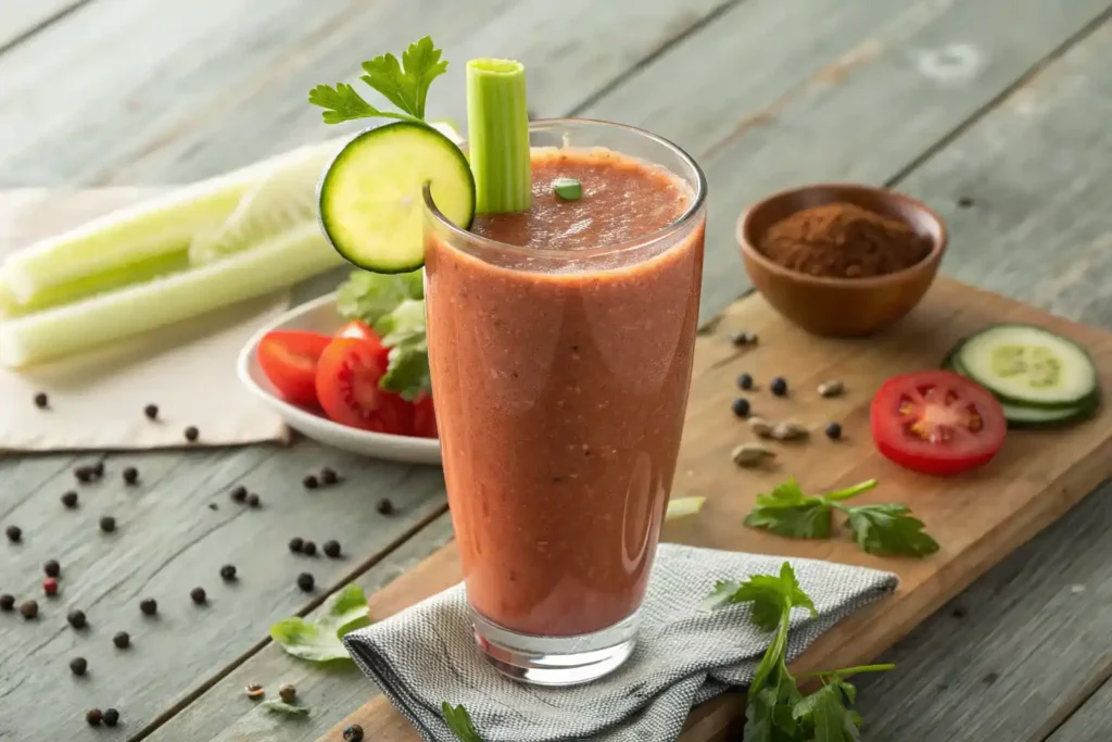 A tall glass of savory breakfast shake made with beef protein powder, tomato juice, celery, cucumber, and lemon, garnished with a celery stalk