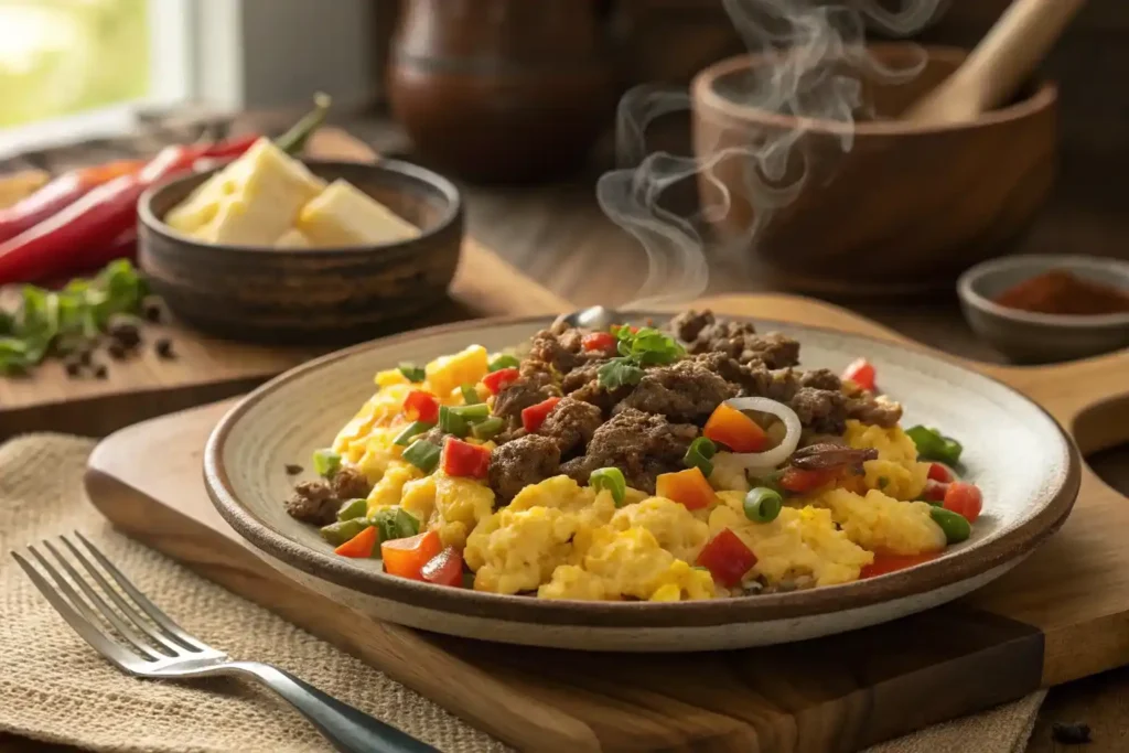 A plate of scrambled eggs mixed with ground beef, diced bell peppers, and onions, garnished with fresh parsley.
