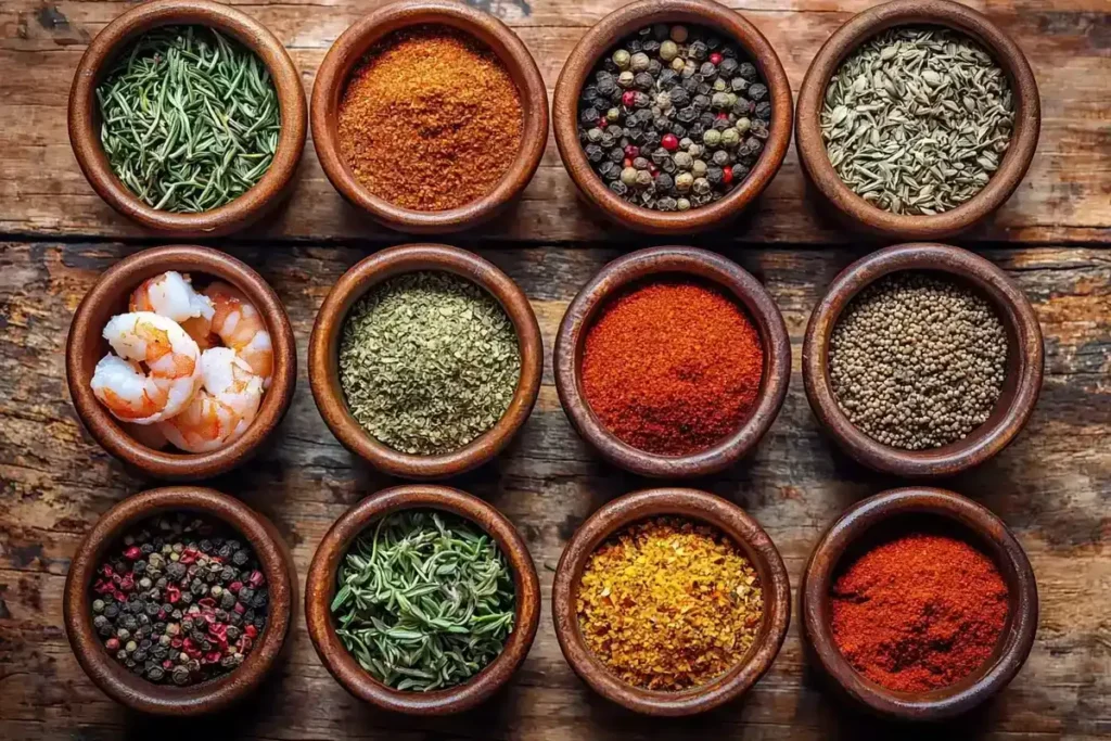 A variety of seasoning blends for chicken and shrimp, displayed in small bowls.