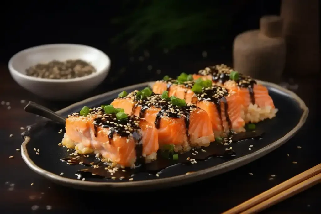 A serving of salmon sushi bake scooped onto a nori sheet, garnished with green onions and sesame seeds