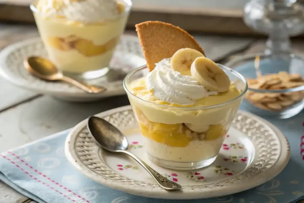 Individual serving of banana pudding topped with whipped cream, a banana slice, and a vanilla wafer