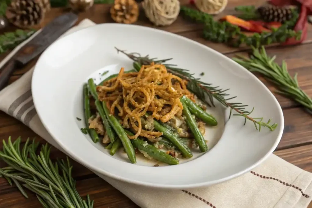 Green bean casserole served on a white plate, garnished with crispy fried onions and fresh herbs