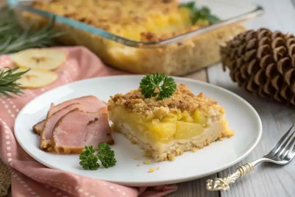 A slice of pineapple casserole served on a white plate with parsley garnish and a side of roasted ham