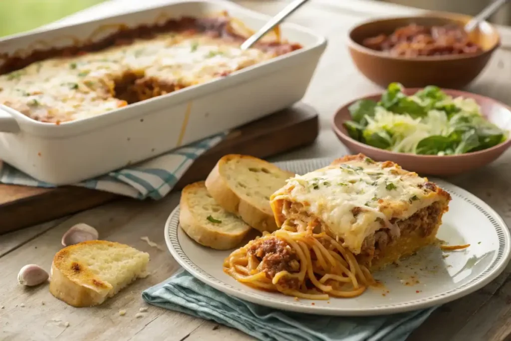 A slice of spaghetti casserole served on a plate with garlic bread and salad