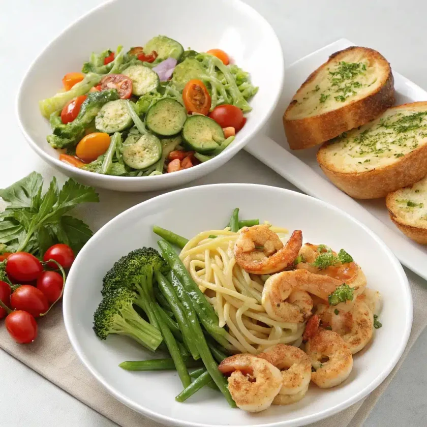 A vibrant spread of easy side dishes for shrimp pasta, showcasing salads, vegetables, and bread.