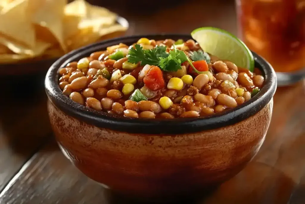 Southwestern-style baked beans with ground beef, bell peppers, and corn, topped with fresh cilantro and served in a rustic ceramic bowl with tortilla chips on the side