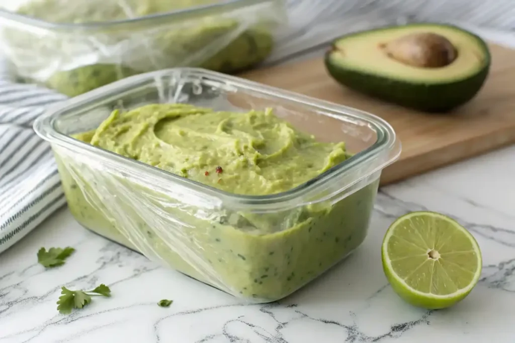 "Avocado spread stored in a glass container with a layer of plastic wrap on top