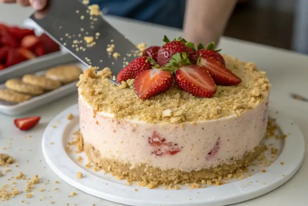 Decorating a strawberry crunch cake with crispy topping and fresh strawberries