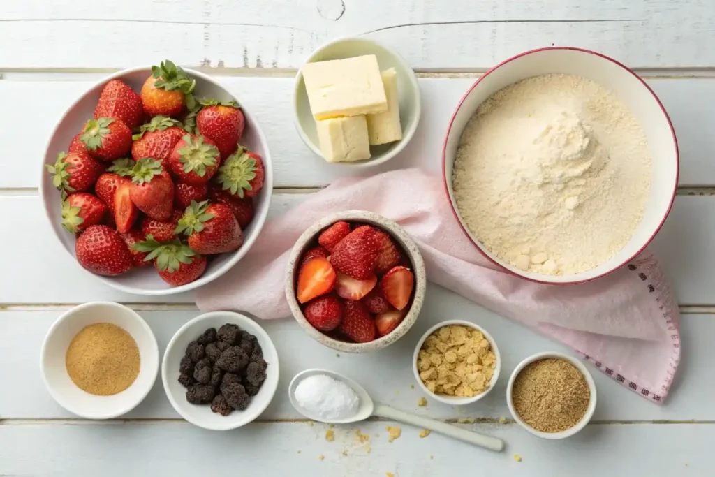 Ingredients for making strawberry crunch cake, including fresh strawberries and crushed cookies.