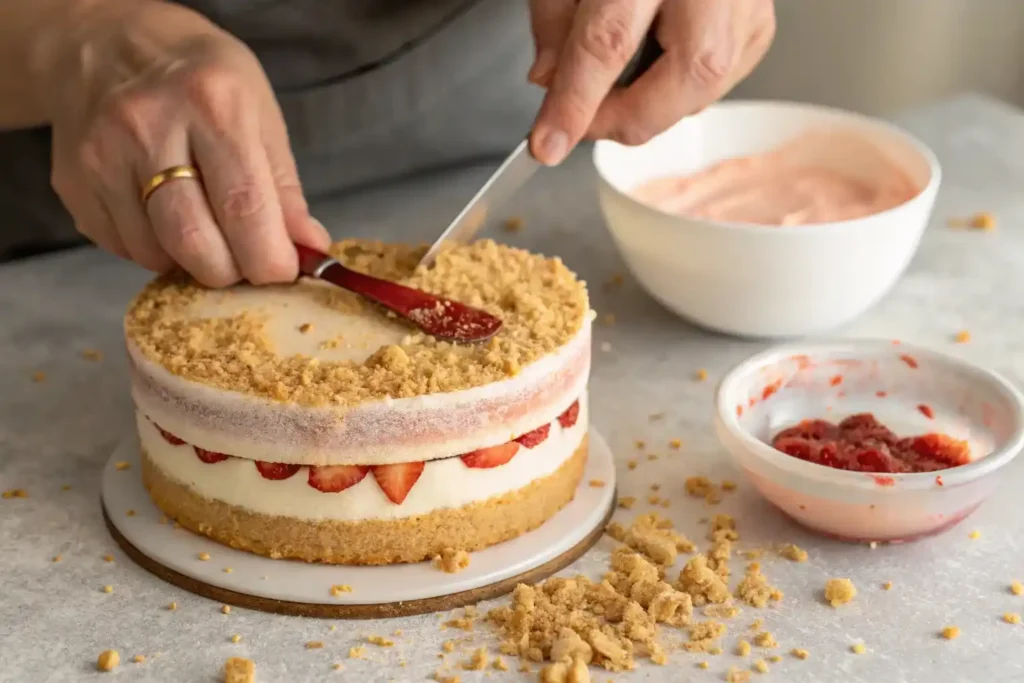Assembling a strawberry crunch cake with layers of filling and frosting.