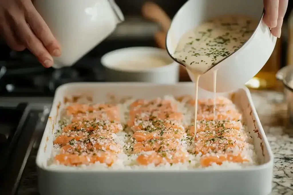 Step-by-step process of assembling salmon sushi bake in a baking dish."
Titre : "How to Assemble a Perfect Salmon Sushi Bake
