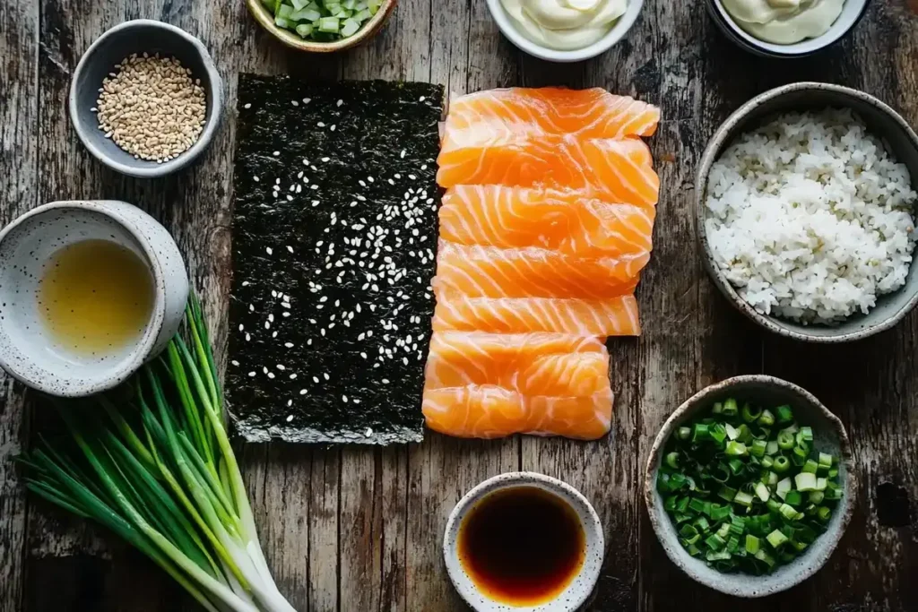 Fresh ingredients for salmon sushi bake including sushi rice, cooked salmon, mayonnaise, sriracha, and nori