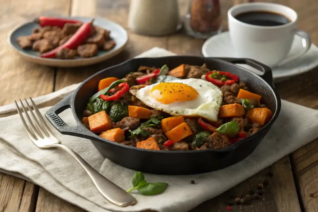 A skillet of sweet potato and ground beef hash, topped with a sunny-side-up egg and fresh spinach.