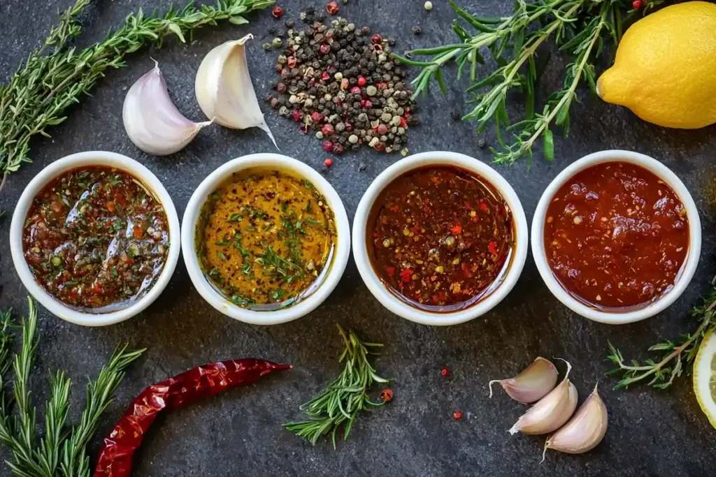 Four different turkey injection marinades in small bowls with fresh ingredients