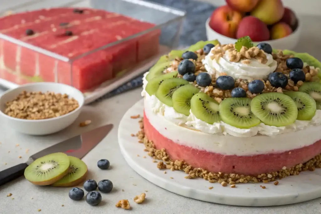Decorating a watermelon cake with whipped cream, fruits, and nuts