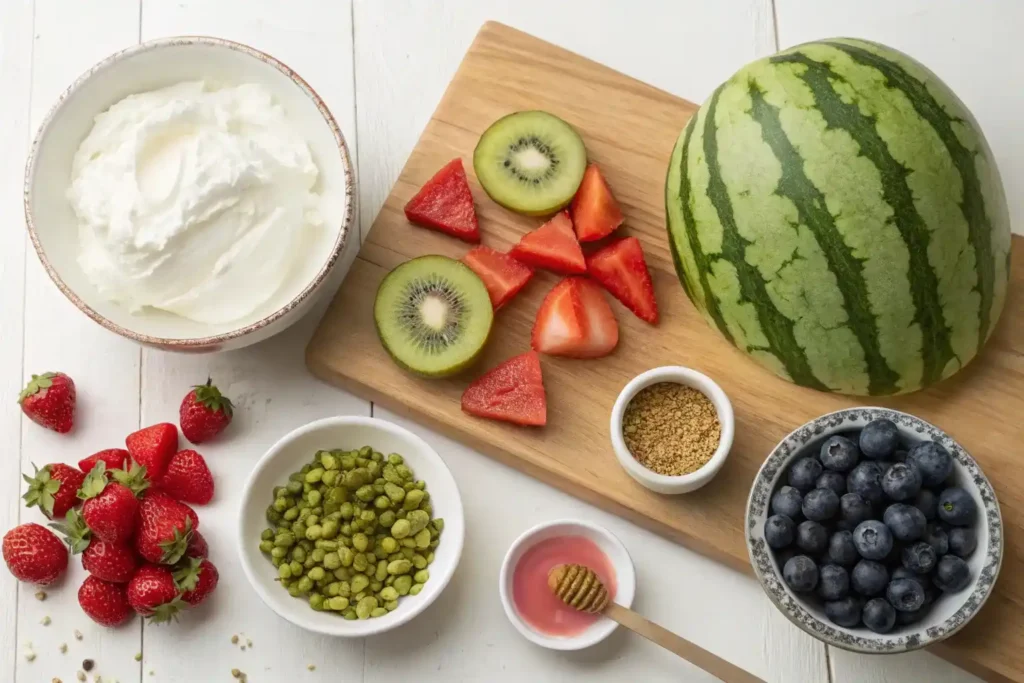 Ingredients for making a watermelon cake, including fresh fruits and whipped cream
