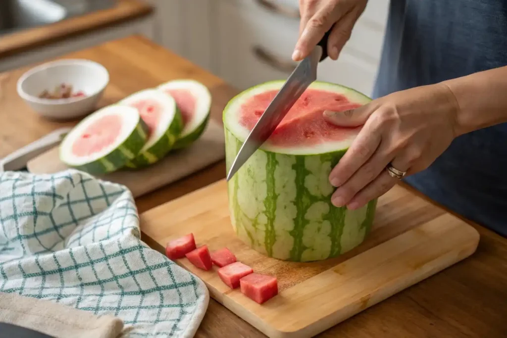 Shaping a watermelon into a cylindrical base for a watermelon cake