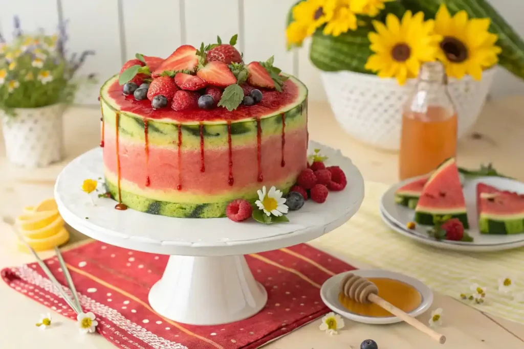 A fully decorated watermelon cake on a white cake stand with fresh fruits