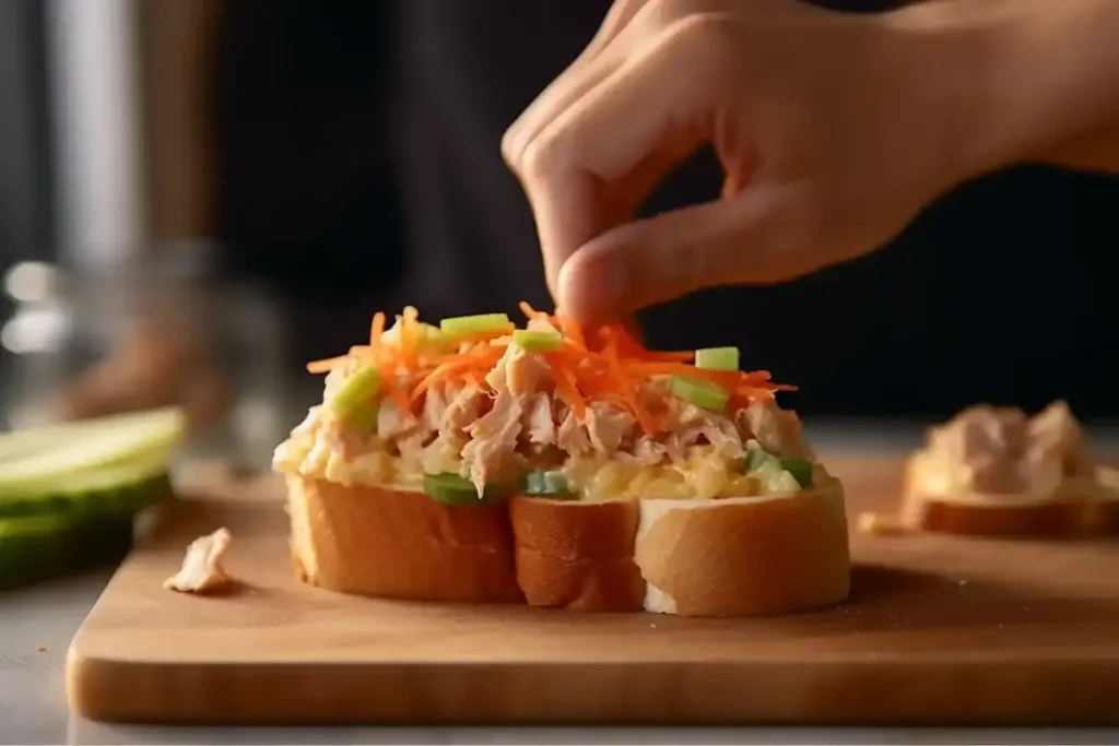 Assembling a kimchi tuna sandwich with tuna salad and kimchi on toasted bread