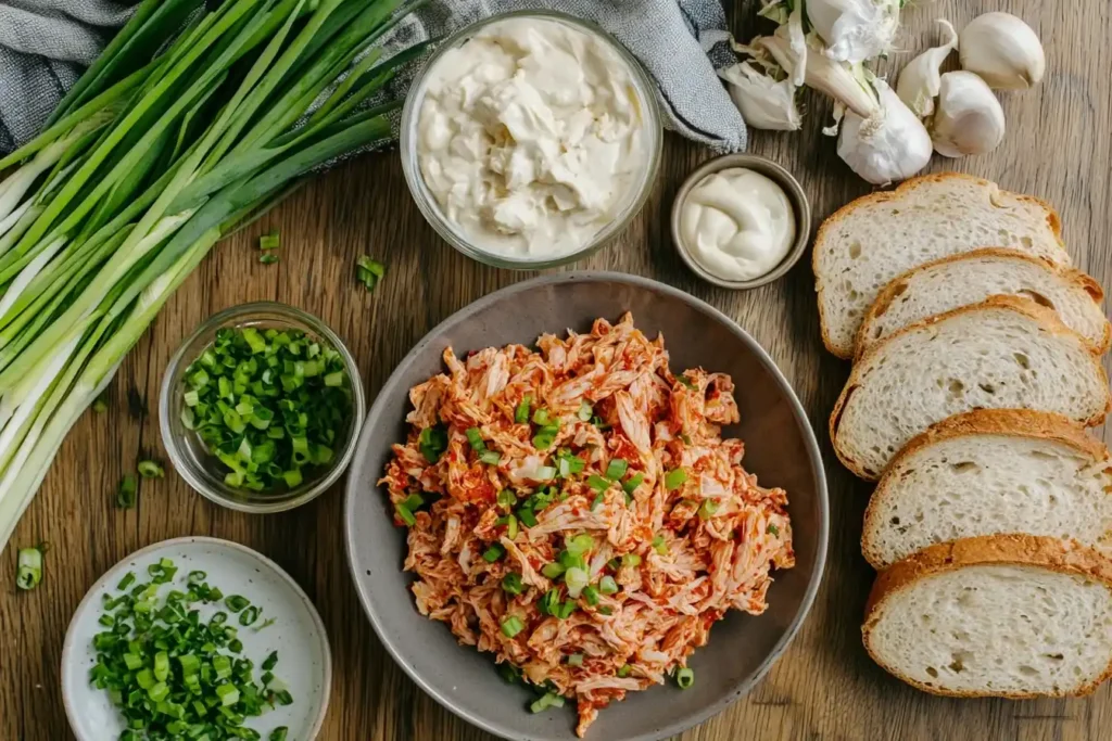 Ingredients for a kimchi tuna sandwich neatly arranged on a wooden countertop
