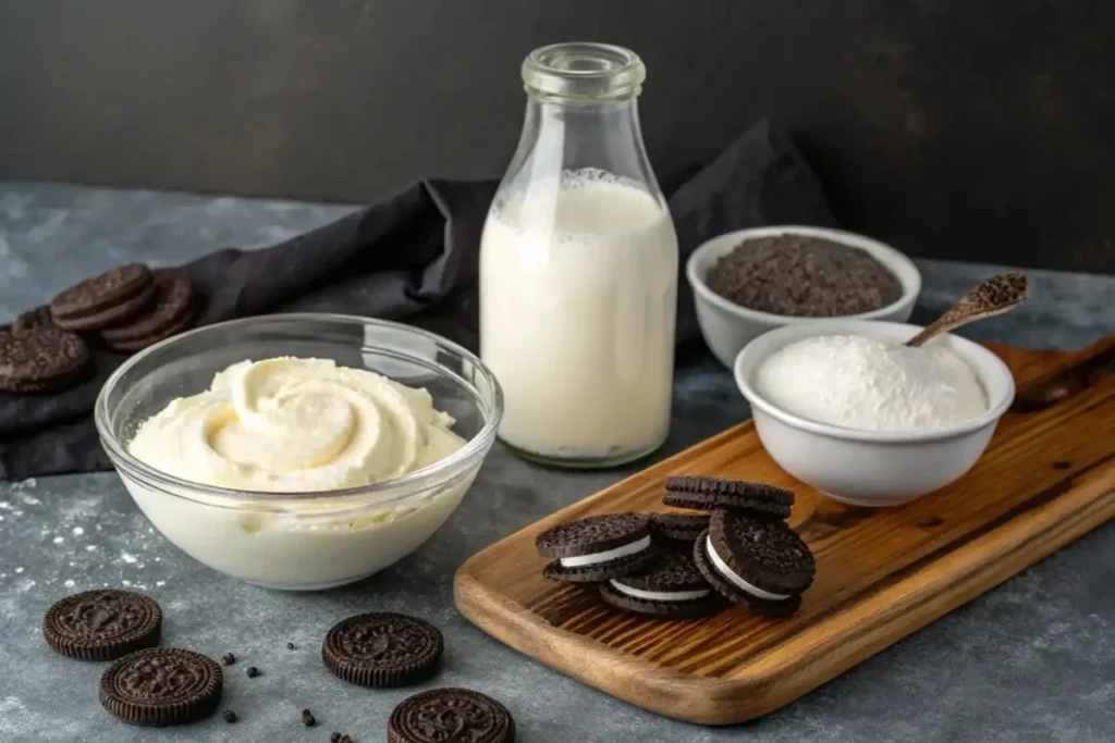 Ingredients for homemade Oreo ice cream: heavy cream, whole milk, sugar, salt, and Oreo cookies