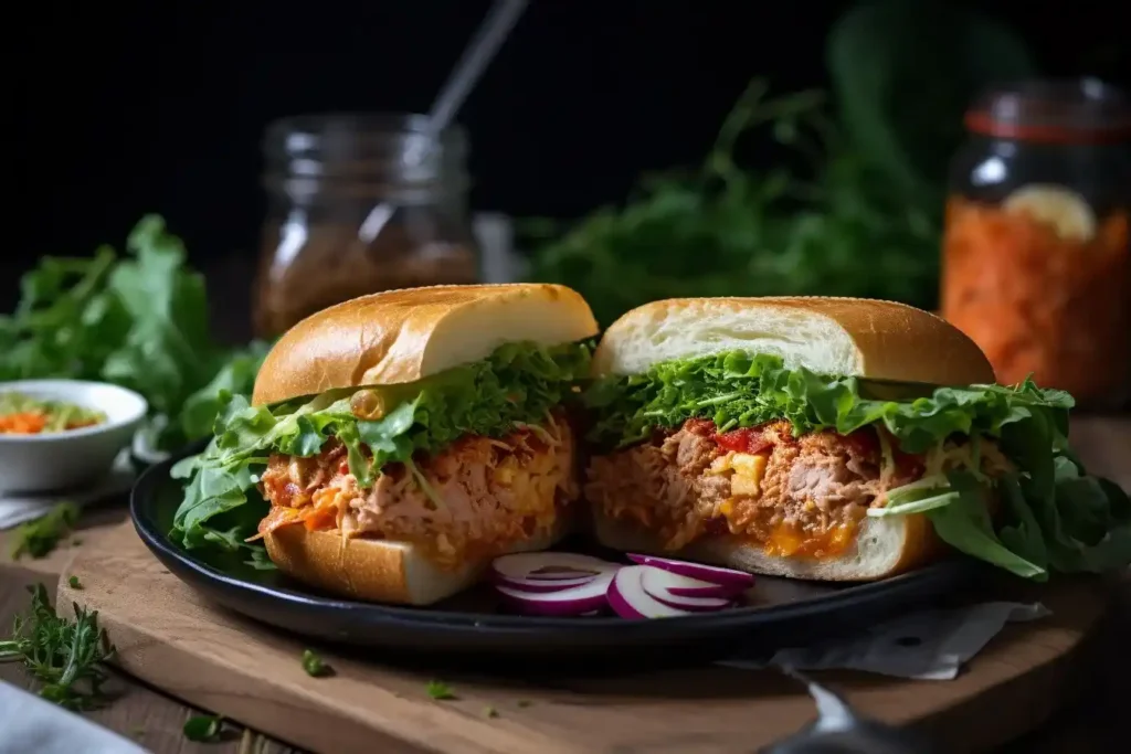 A perfectly plated kimchi tuna sandwich with a side of salad and pickles." Titre : "Serving the Kimchi Tuna Sandwich with a Side of Freshness