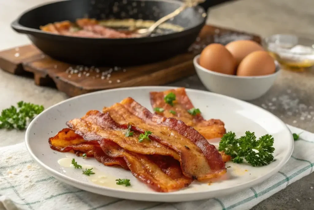 Close-up of crispy bacon slices on a plate with a maple syrup drizzle."