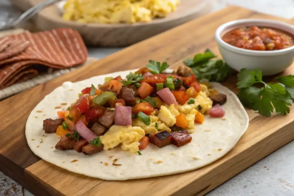 Breakfast burrito being assembled with eggs, bacon, cheese, and vegetables on a cutting board.