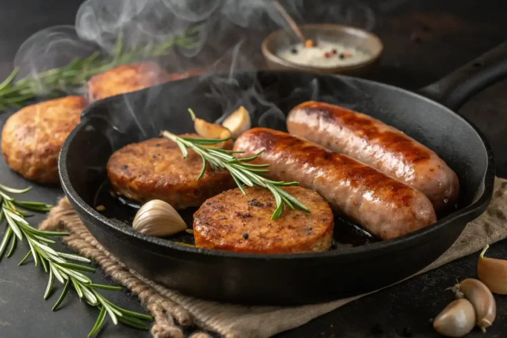 Sizzling breakfast sausages in a skillet with rosemary garnish