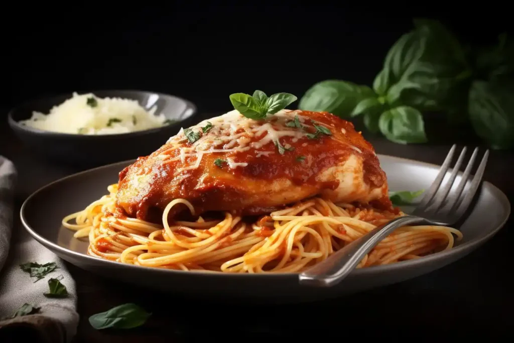 A beautifully plated dish of chicken with marinara sauce, served with spaghetti and garnished with fresh basil