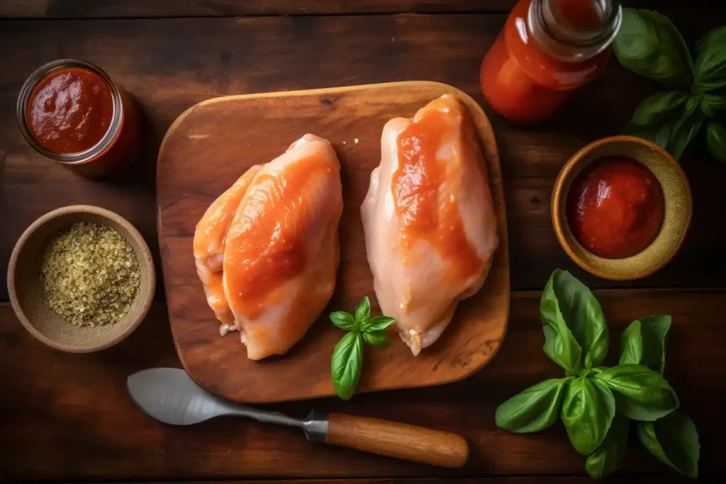 Fresh ingredients for chicken with marinara sauce, including chicken breasts, marinara sauce, olive oil, and seasonings